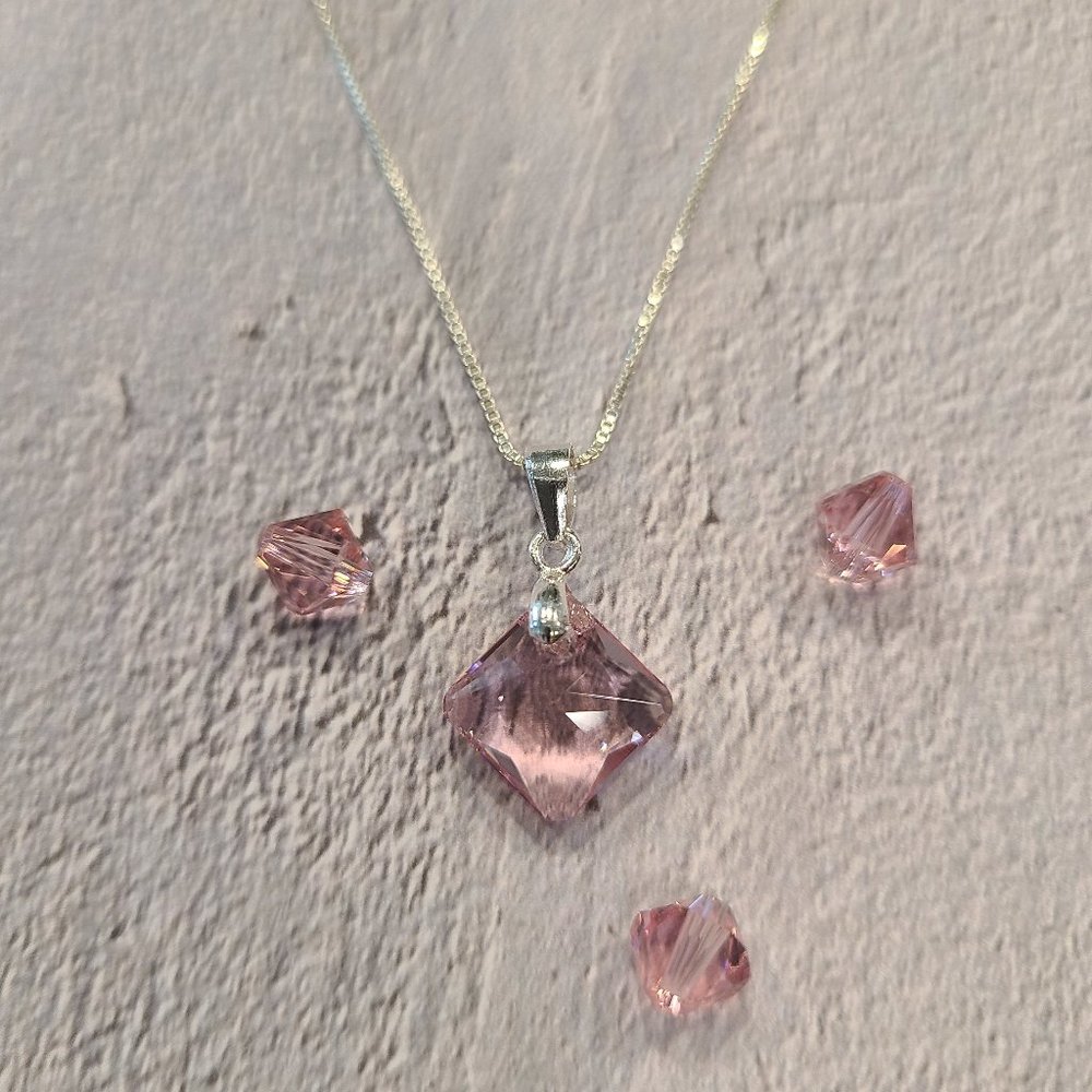 Swarovski® Crystal Light Rose Princess Cut Pendant on a Sterling Silver Chain